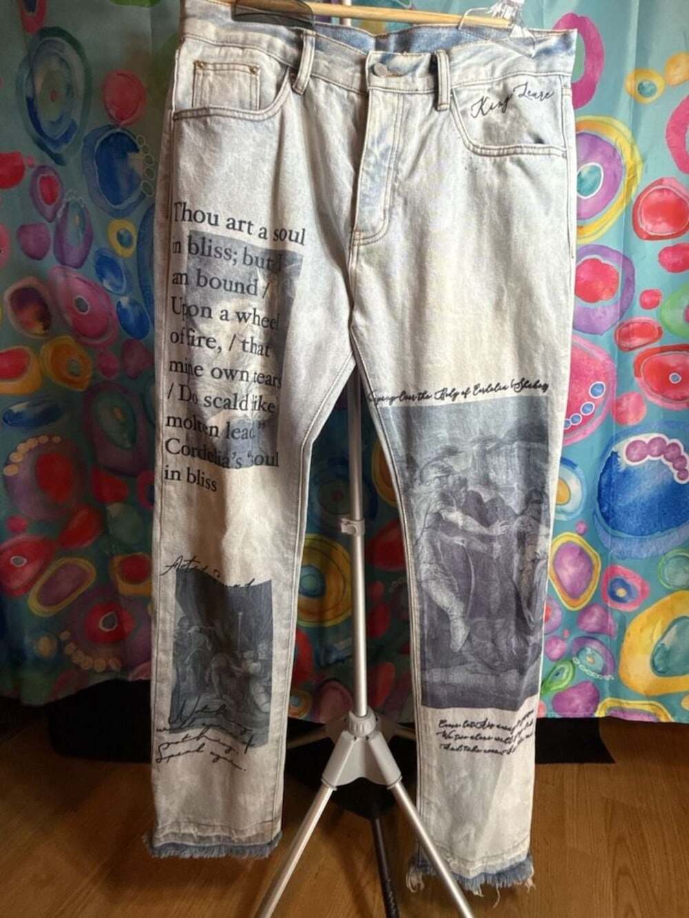 MNML D243 Straight Leg Shakespeare Graphic Light Blue Denim Jeans size 34